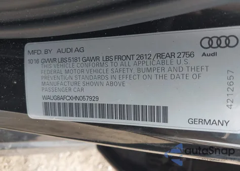 2017 Audi A6 Premium Plus z USA, uszkodzony, nr VIN WAUG8AFCXHN057929